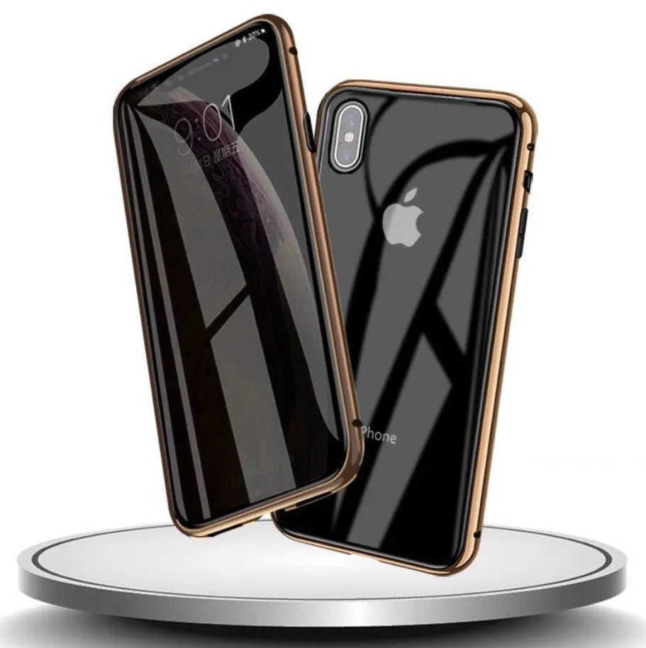 Anti-spy clamshell iPhone case in aluminium and glass, shown in black, silver, red, gold, green, and blue colour options.