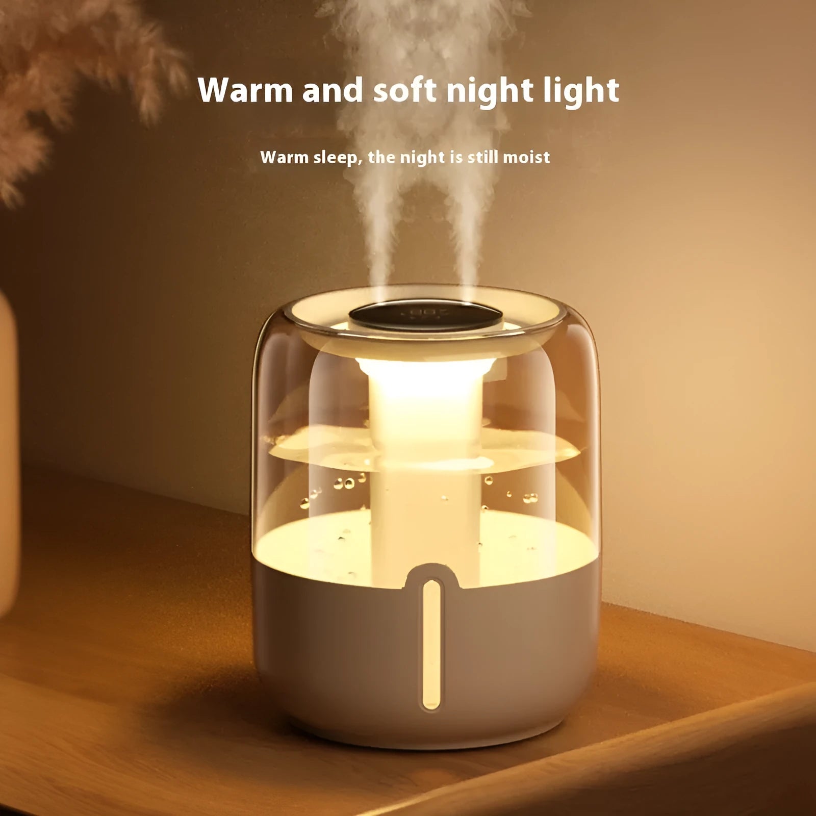 Beige USB humidifier with dual spray, humidity display, and night light function