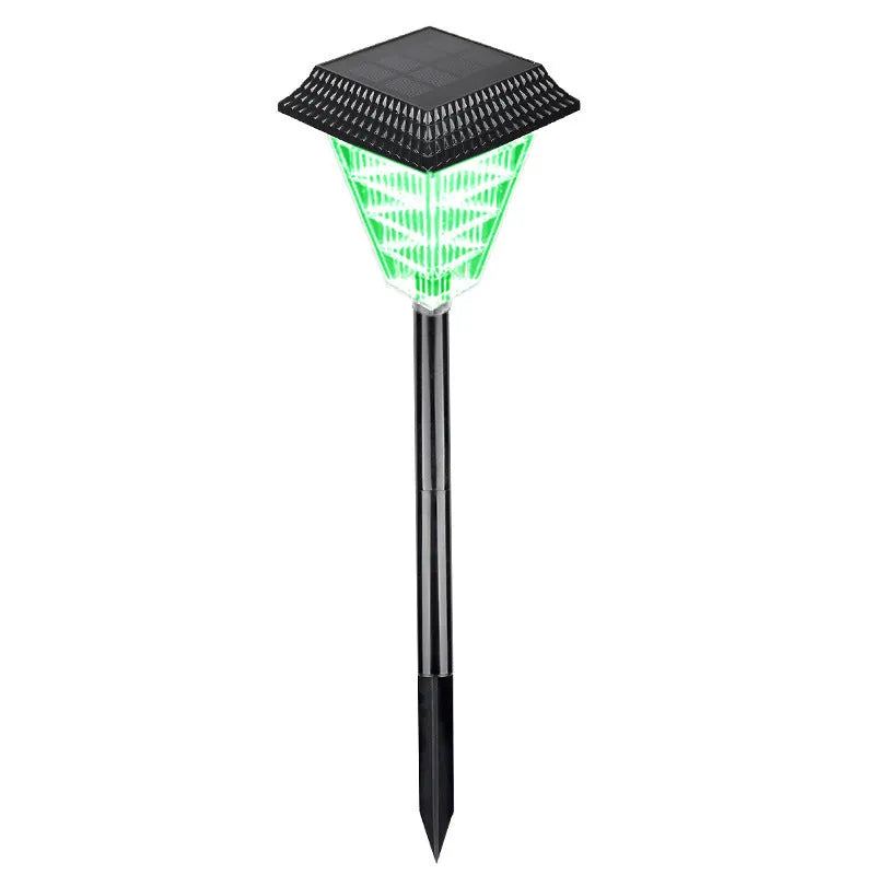Solar garden light with LED bulbs in decorative outdoor setting showing colour options
