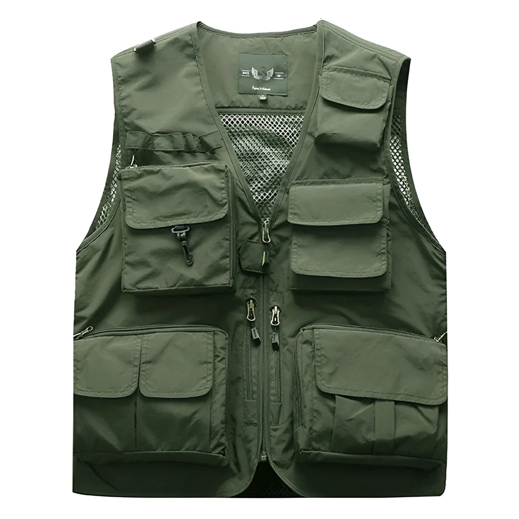 Cotton multi-pocket fishing vest with ribbed hem, available in army green, khaki, dark blue, black, red, orange