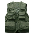 Cotton multi-pocket fishing vest with ribbed hem, available in army green, khaki, dark blue, black, red, orange