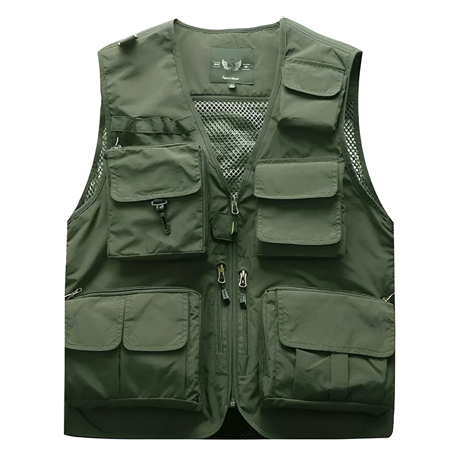 Cotton multi-pocket fishing vest with ribbed hem, available in army green, khaki, dark blue, black, red, orange