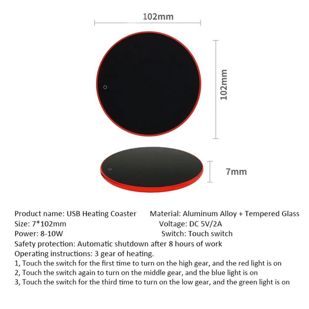USB heating coaster with temperature adjustment in black silver red or gold colours