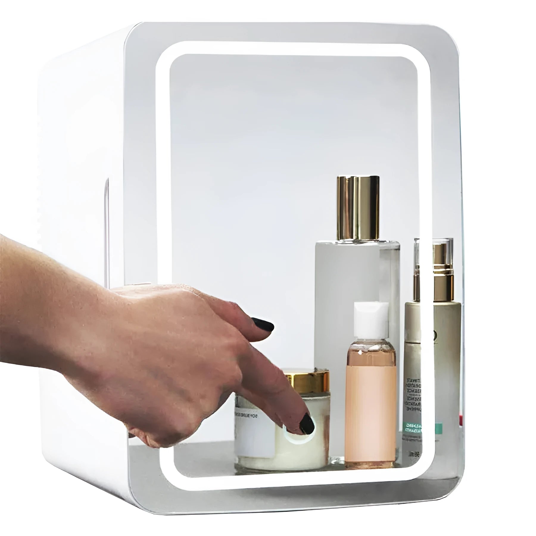 White portable mini makeup fridge with cooling and warming functions for skincare products