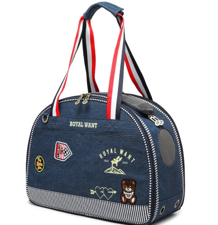 Blue denim Japanese style pet diaper bag with cartoon pattern measuring 43cm long