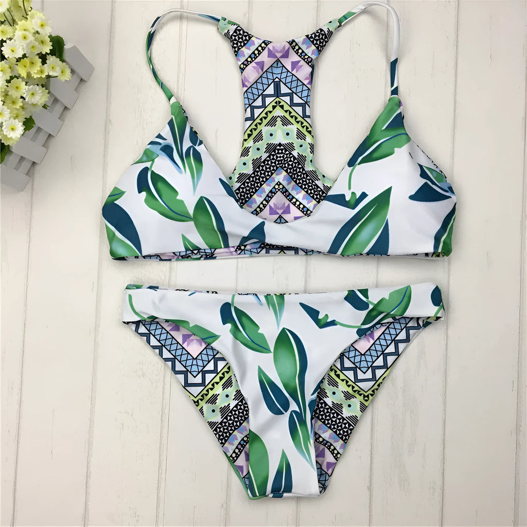 Green reversible Brazilian bikini set with halter top for women sizes S M L double-sided print swimwear