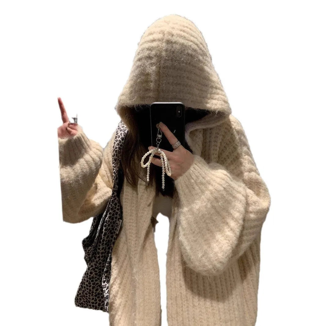 Women's retro-style thick hooded cardigan in dark grey, shown open as a sweater.
