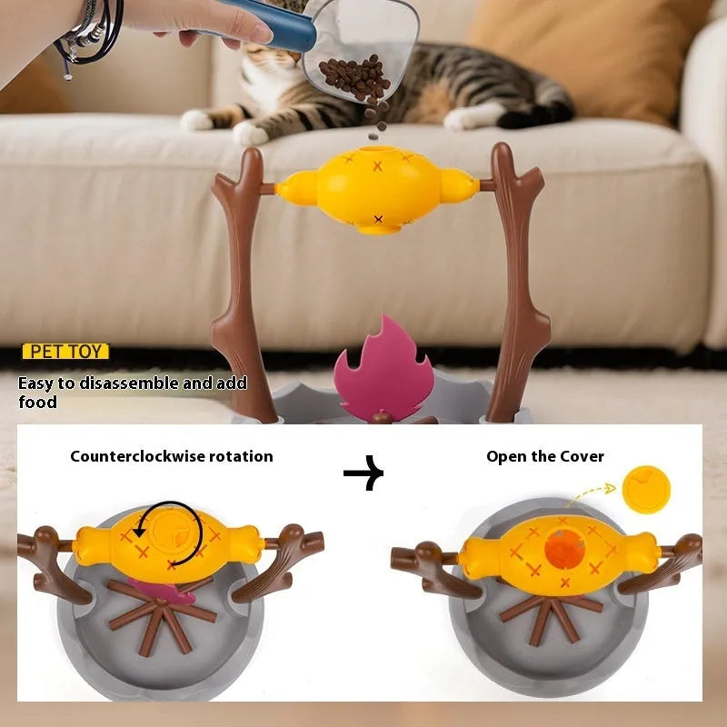 Barbecue style tumbling cat feeder toy for interactive food puzzle play.