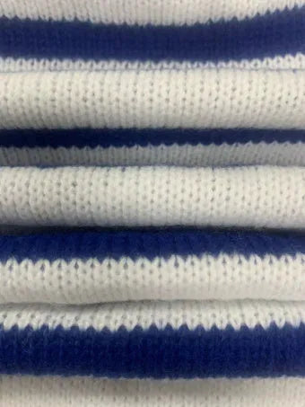Sapphire blue striped knitted pullover sweater with round neck and long sleeves