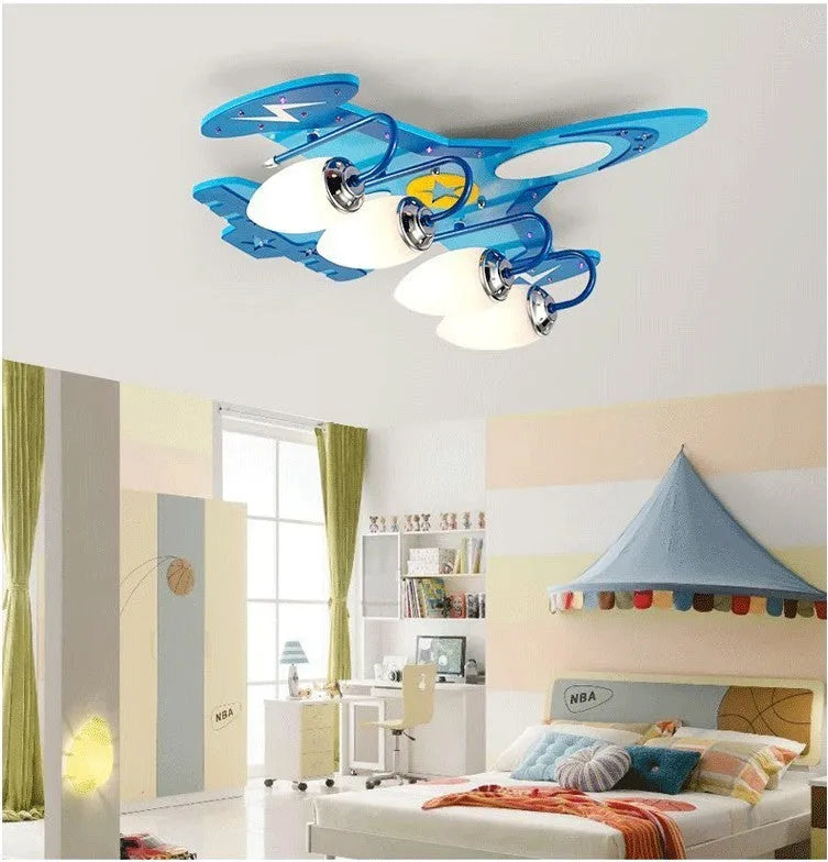 Children's aeroplane themed LED ceiling light with rectangular glass shade and wood frame