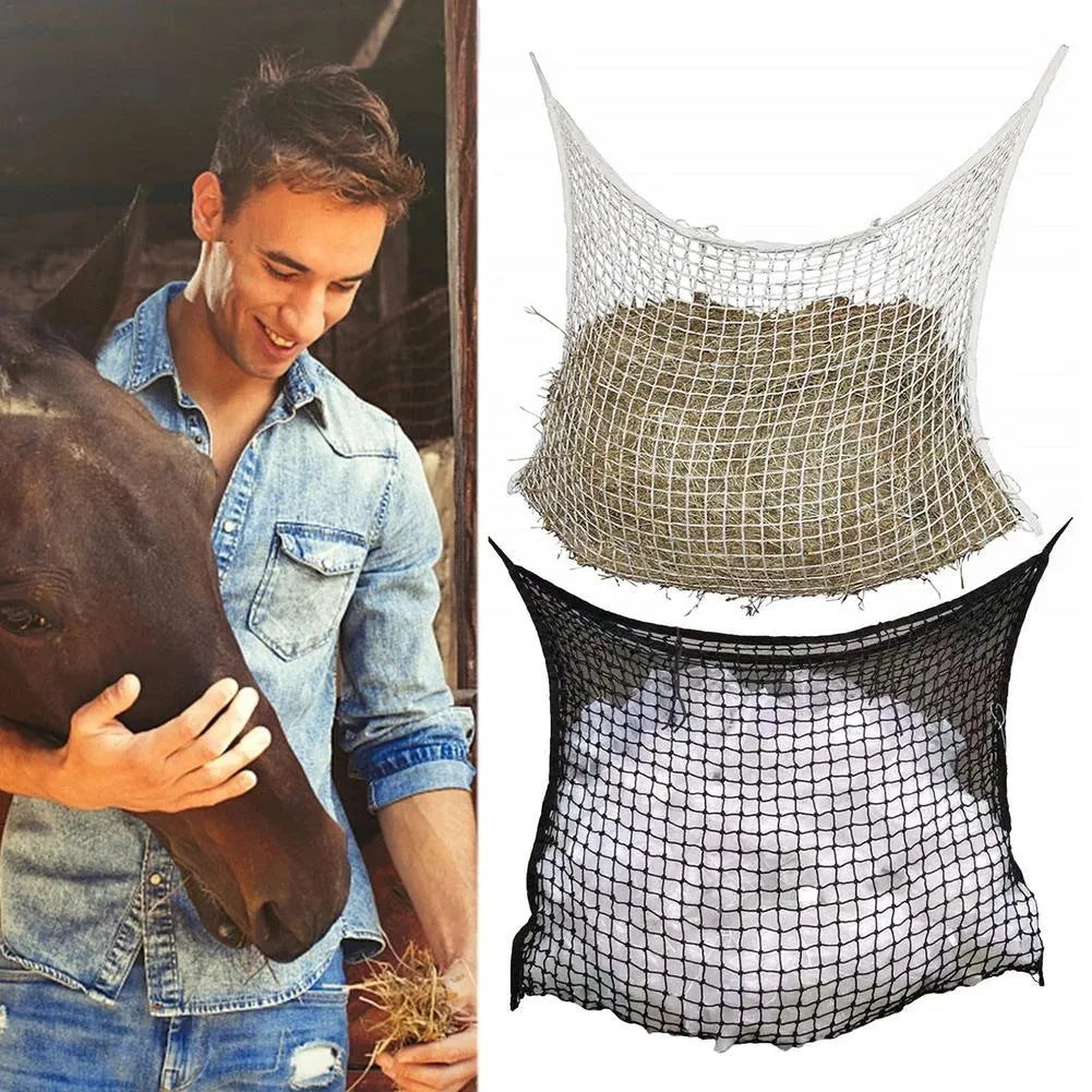 Black woven PE rope hanging feeding bag for horses, showing grid weave and hanging straps.