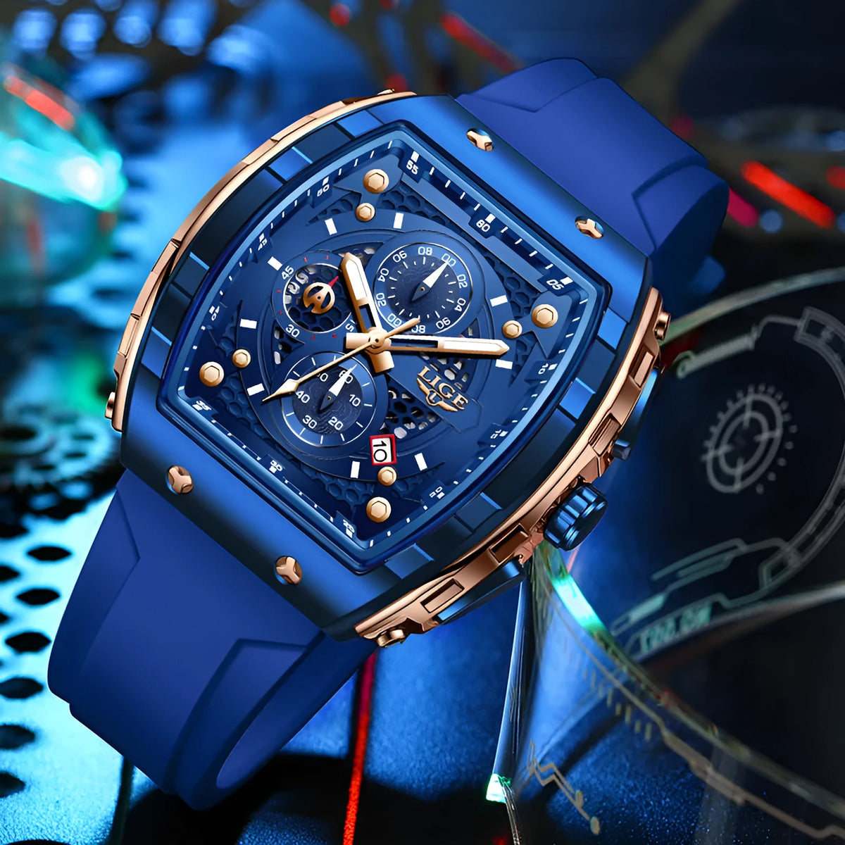 Men's sports quartz watch with 50mm dial, luminous hands, and stainless steel back in rose gold black.