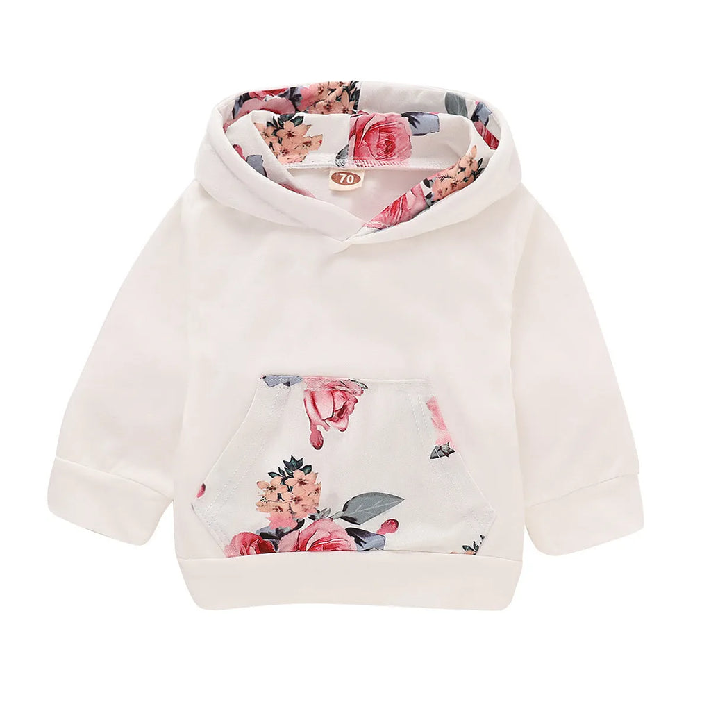 White 100% cotton hooded playsuit for a baby, showing long sleeves, trousers, and pullover neck.