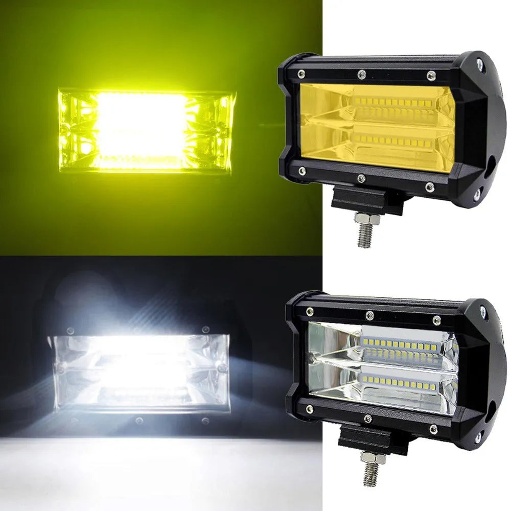 Black 5-inch LED off-road work light with aluminium housing mounted on a bracket
