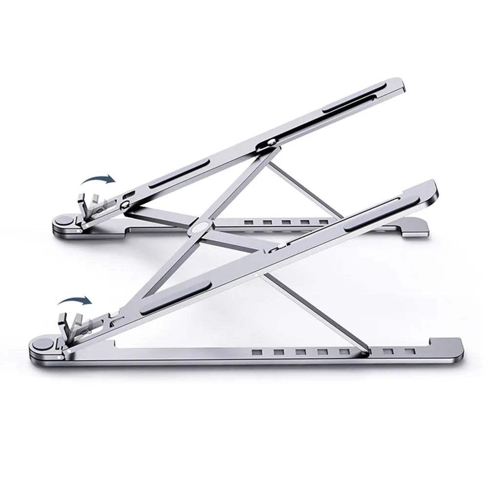 Foldable aluminium laptop stand in silver colour, shown adjusted to a height with a laptop on it