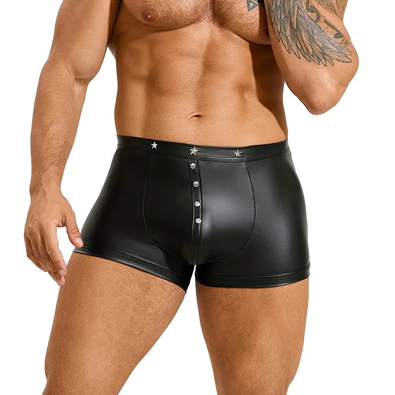 Black PU leather men's U-pouch shorts showing front design and leather-like appearance