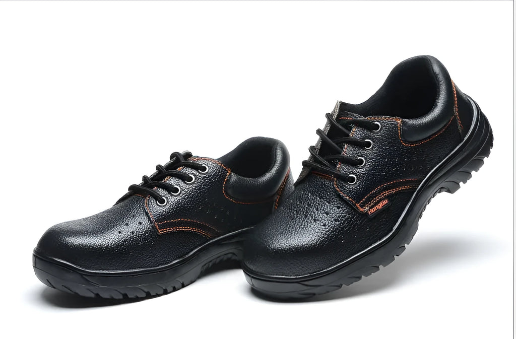 Black antiskid safety work shoes with steel toe, embossed cowhide upper, on a white background
