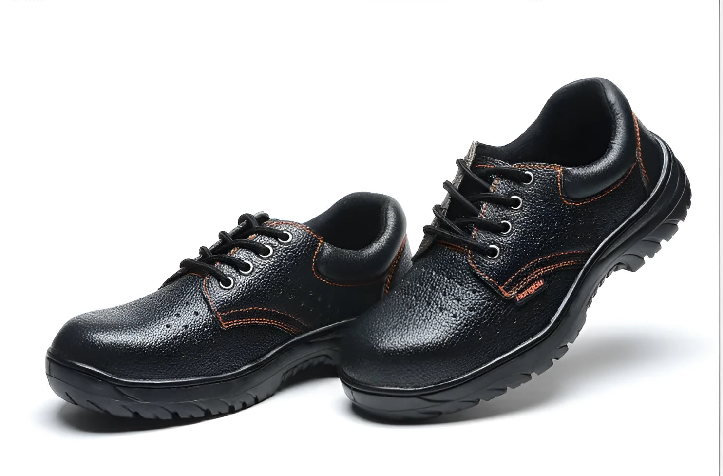 Black antiskid safety work shoes with steel toe, embossed cowhide upper, on a white background