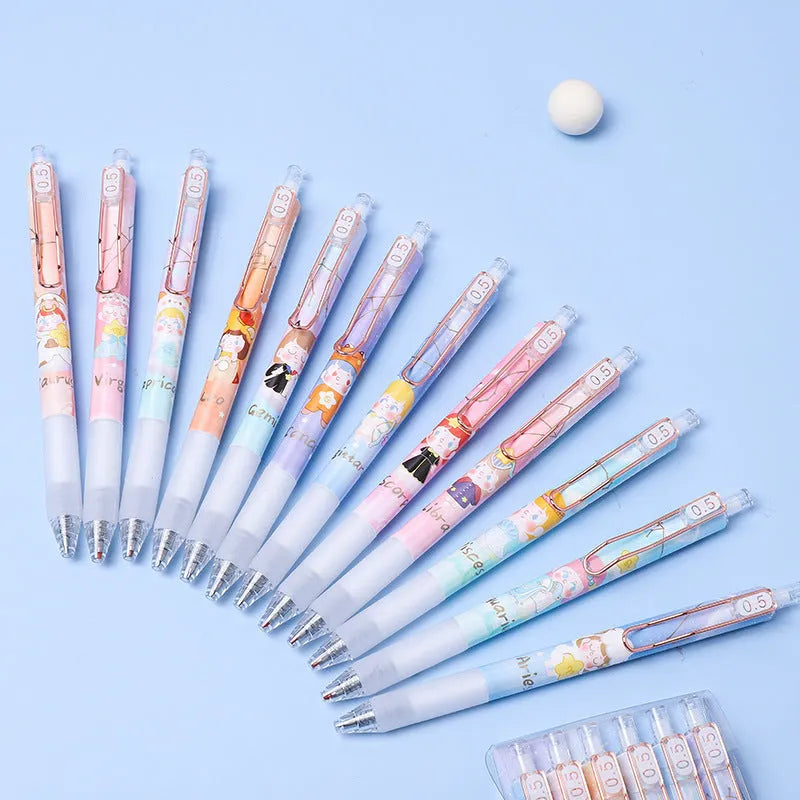 Six constellation-themed press gel pens with zodiac designs and 0.5mm tips