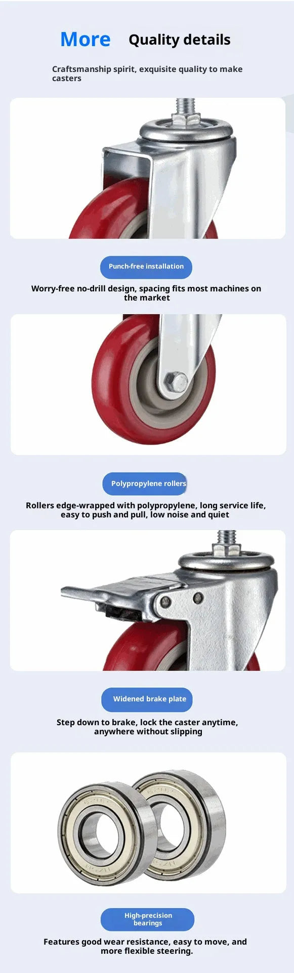 Medium purplish red 3 inch wear resistant seamless caster with brake for office furniture