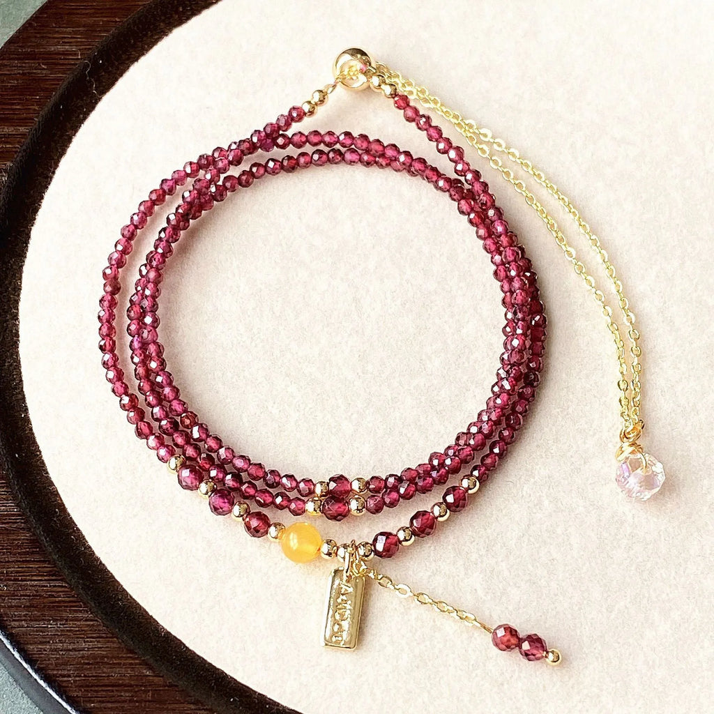 Wine red garnet bracelet necklace set with beeswax cut surface and three circle design