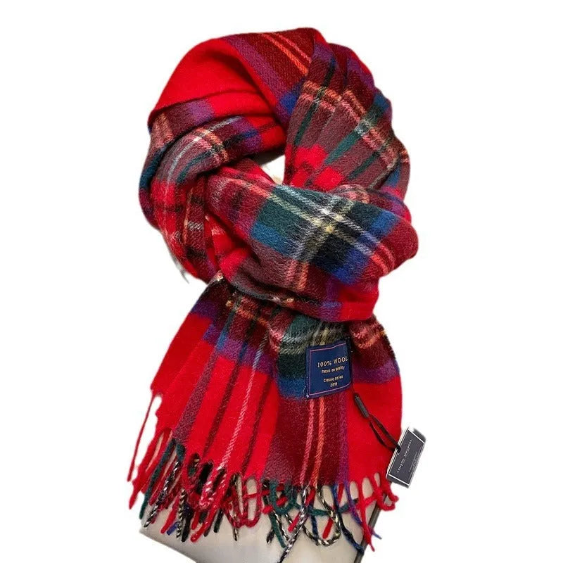 Men's wool winter scarf in red grid pattern with warp knit texture, 180 by 32 centimetres
