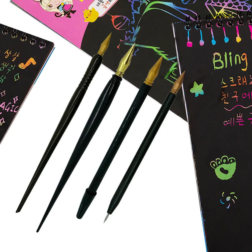Children's scratch art brush pen with single scratching tip for craft activities