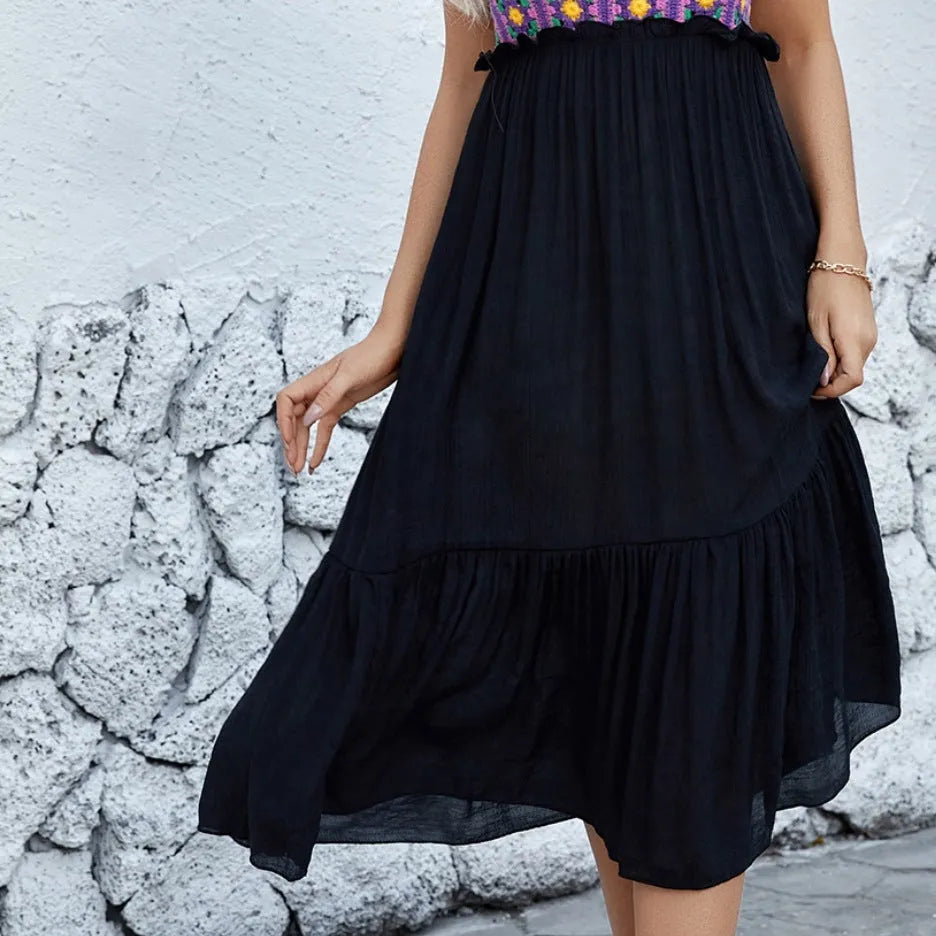 Purple sleeveless dress with hand-stitched floral pattern, cotton blend fabric, free size for women