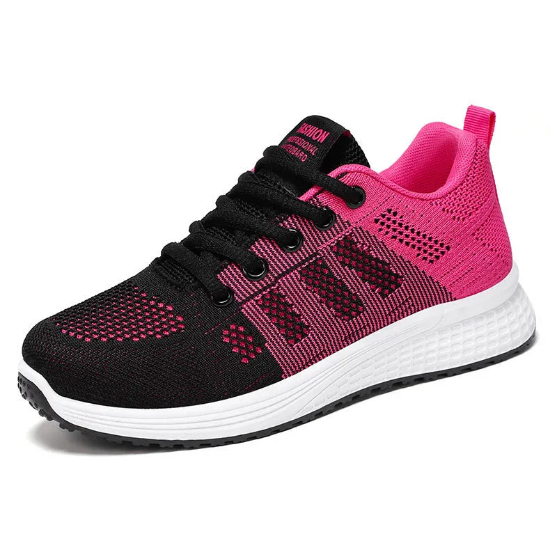 Women's Flyknit running shoe in black, rose red, or gray pink with soft sole and flat heel.