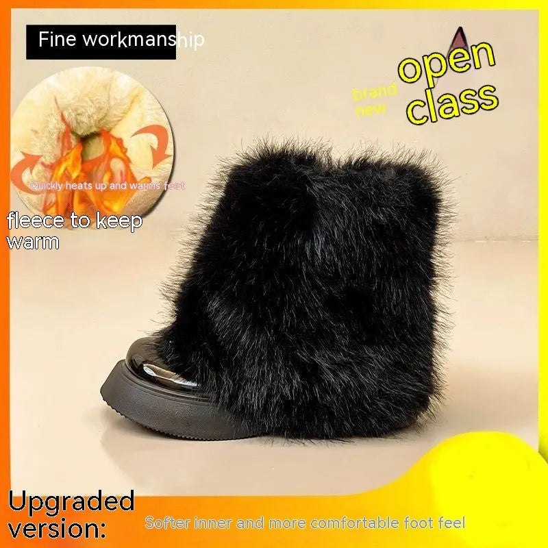 Women's black fleece-lined snow boots with a waterproof platform and rubber sole.