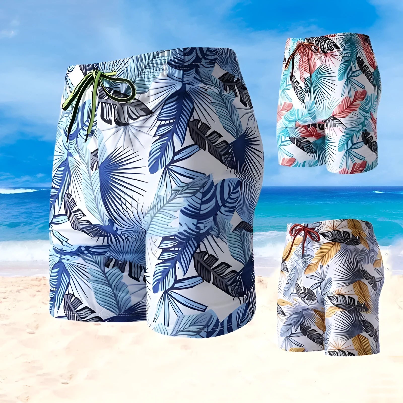 Men's cropped swimming trunks in multicolour pattern with polyester spandex fabric for beach and pool use
