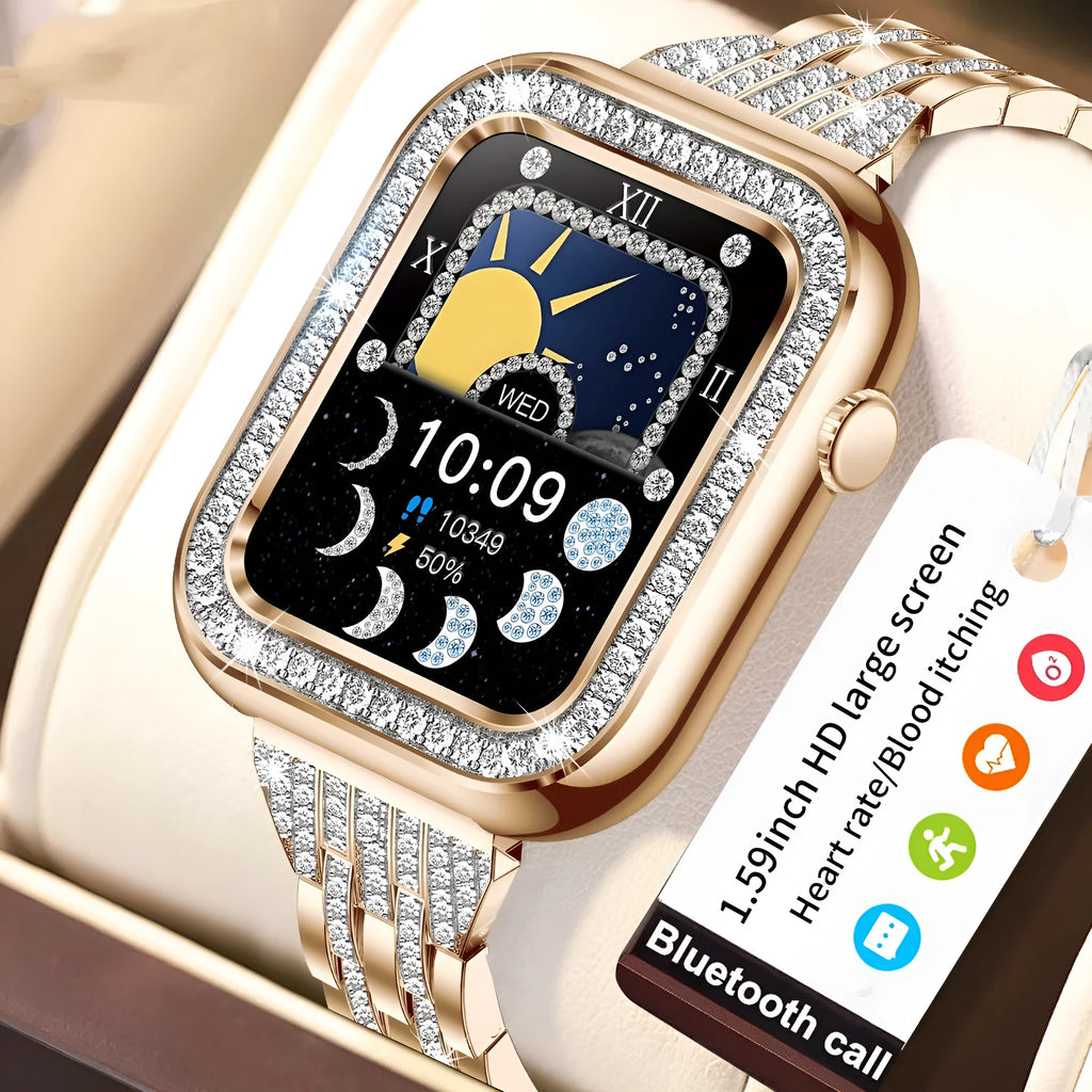 Women's square smart watch with diamond design, TFT touch screen, rose gold mesh strap