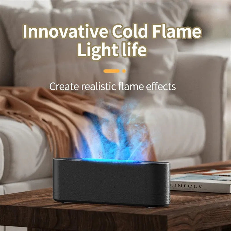 Black ultrasonic aroma diffuser with flame effect LED lighting and water mist output