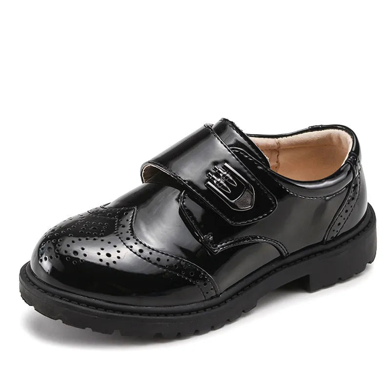 Boys' black shiny microfiber leather shoes with rubber sole round toe