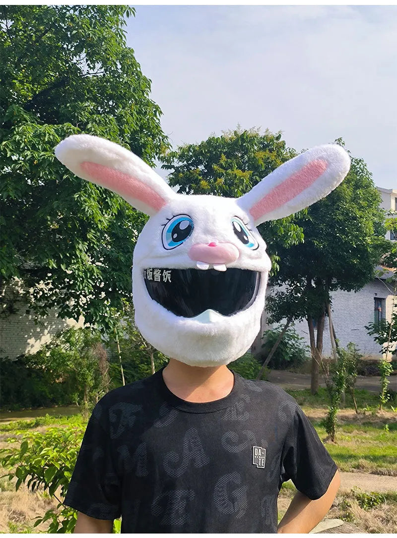 White decorative rabbit head cover for an electric motorcycle helmet with long ears and plush lining.