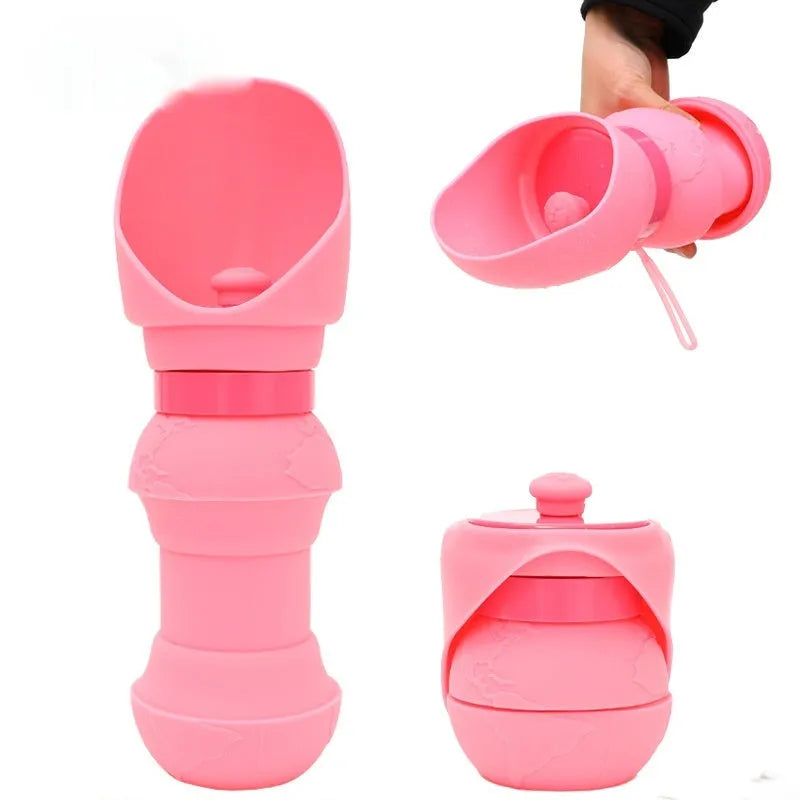 Silicone folding water cup for dogs shown in folded and unfolded states with colour options