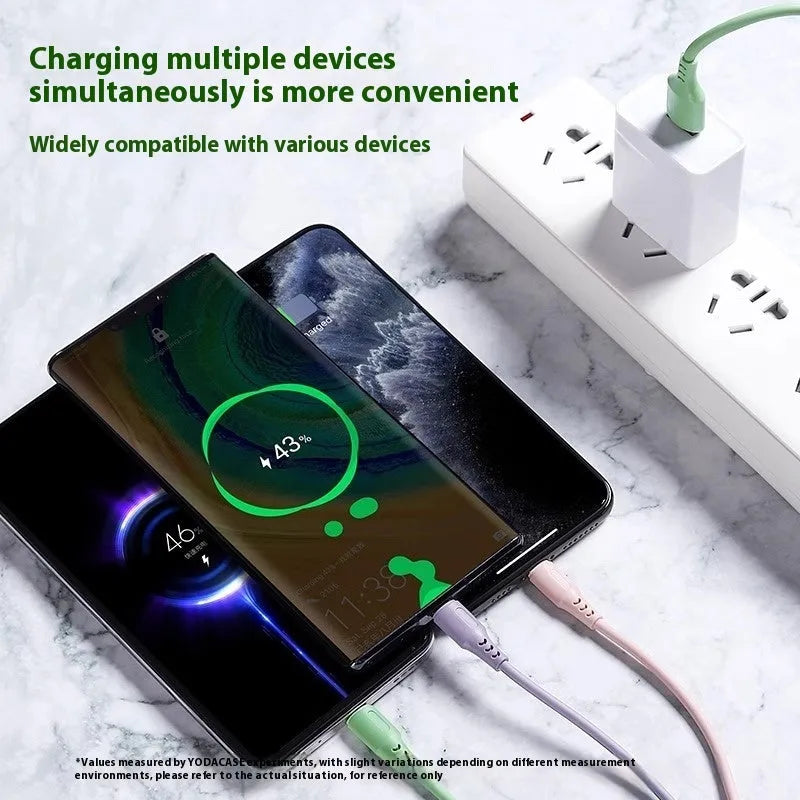Three-in-one silicone charging cable in green with Mini USB, Lightning, and TYPE-C connectors, 1.2m length, scalable design