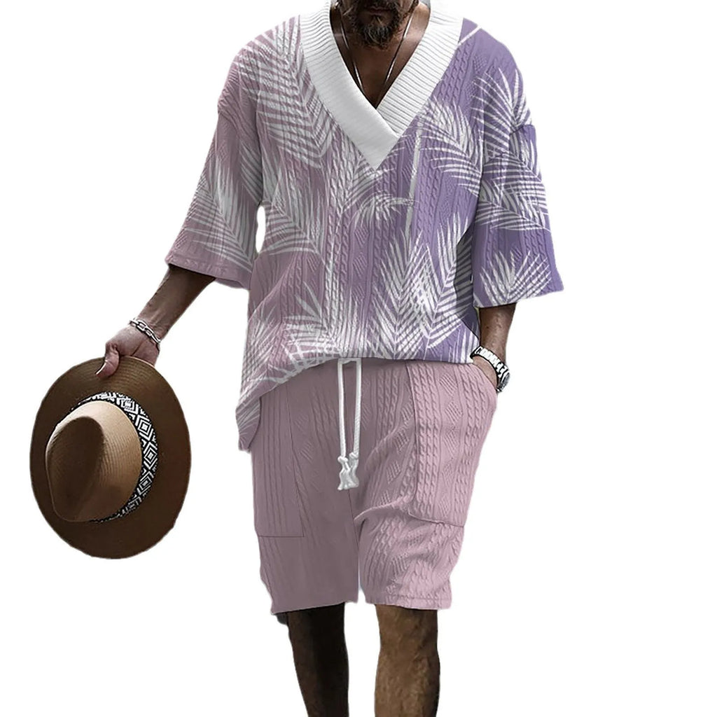 Men's knitted shorts suit set with printed drop-shoulder short sleeve top and matching shorts