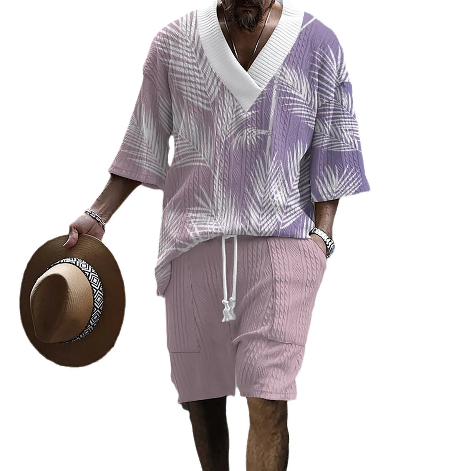 Men's knitted shorts suit set with printed drop-shoulder short sleeve top and matching shorts