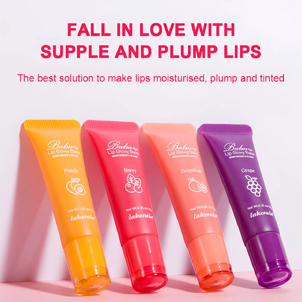 Women's lip gloss in berry, grape, grapefruit, and yellow peach fruit flavours.