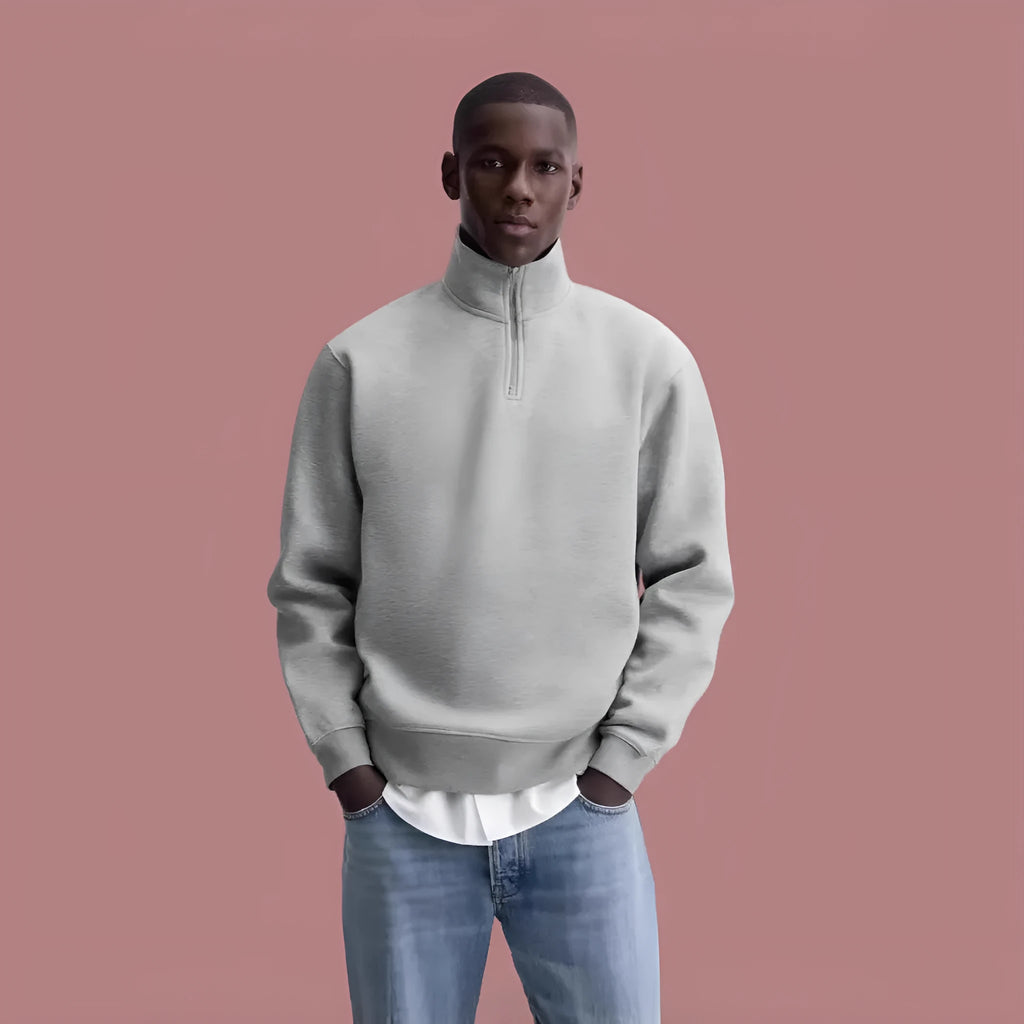 Grey half zip stand collar cotton sweater for men and women with long sleeves