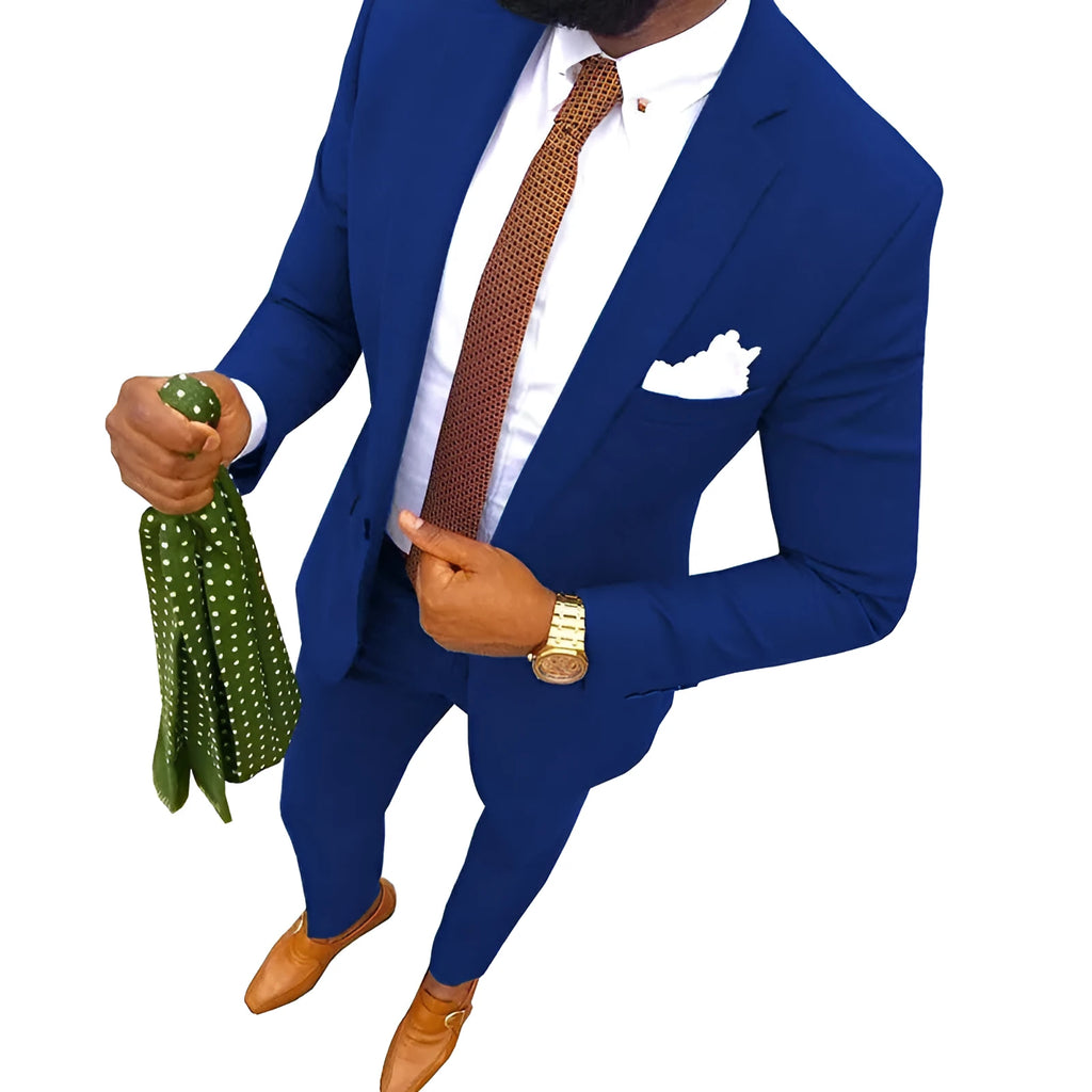 Men's two-piece cotton banquet suit in a choice of colours, showing jacket and trousers.