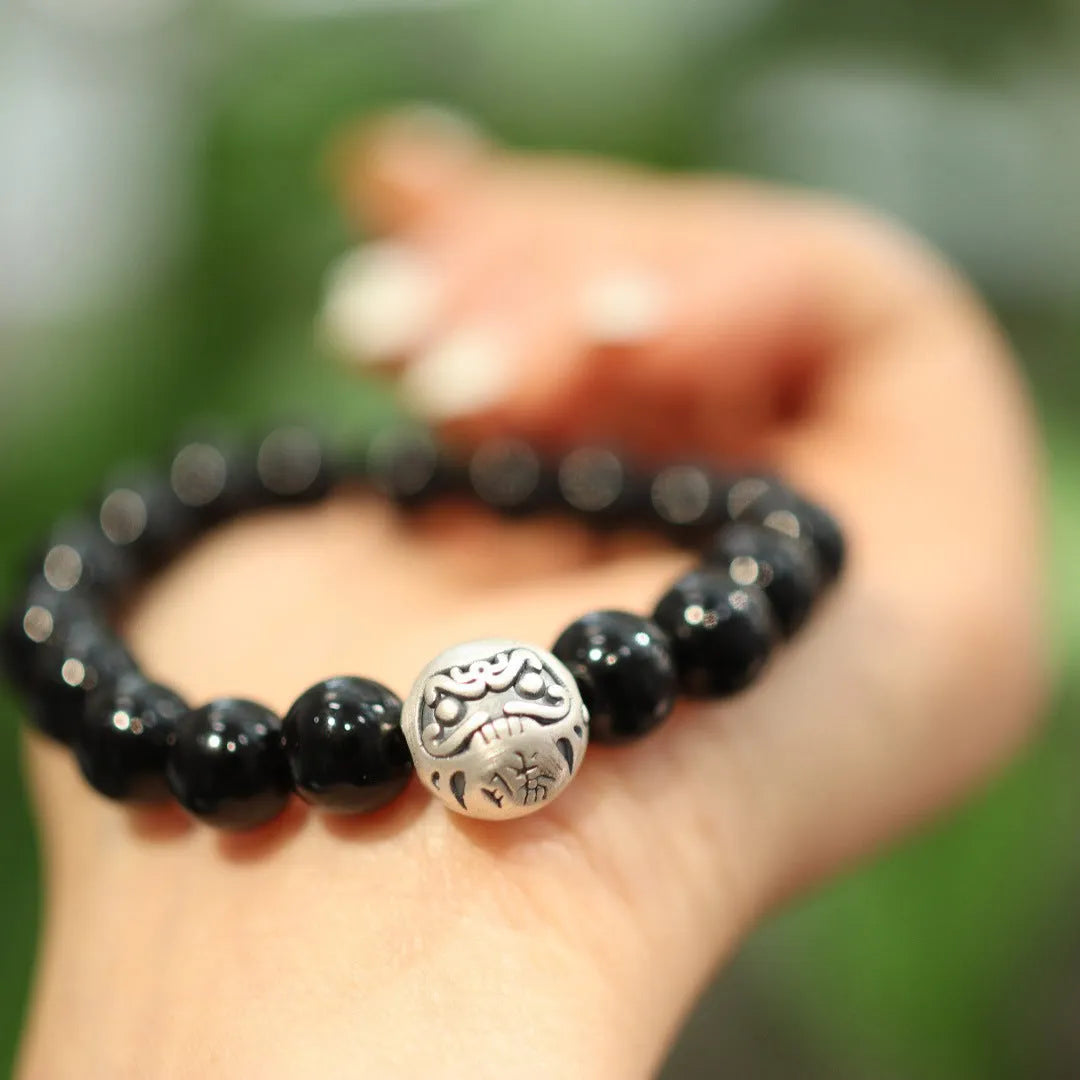 Black agate bracelet with 10mm beads and sterling silver clasp in Chinese style design