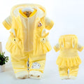 Baby girls' pink flannel three-piece autumn winter clothing set with jacket, pants, and vest.