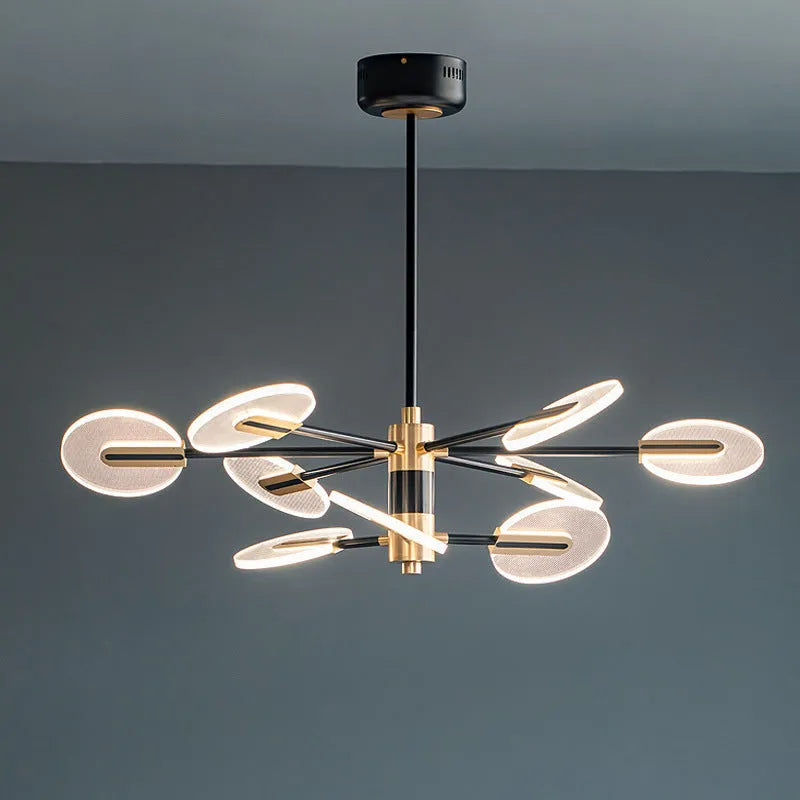 Nordic style iron frame LED chandelier pendant light with multiple acrylic shades.