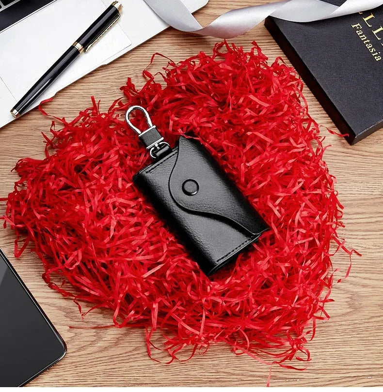 Men's black genuine leather square keychain card holder with key ring and card slot.