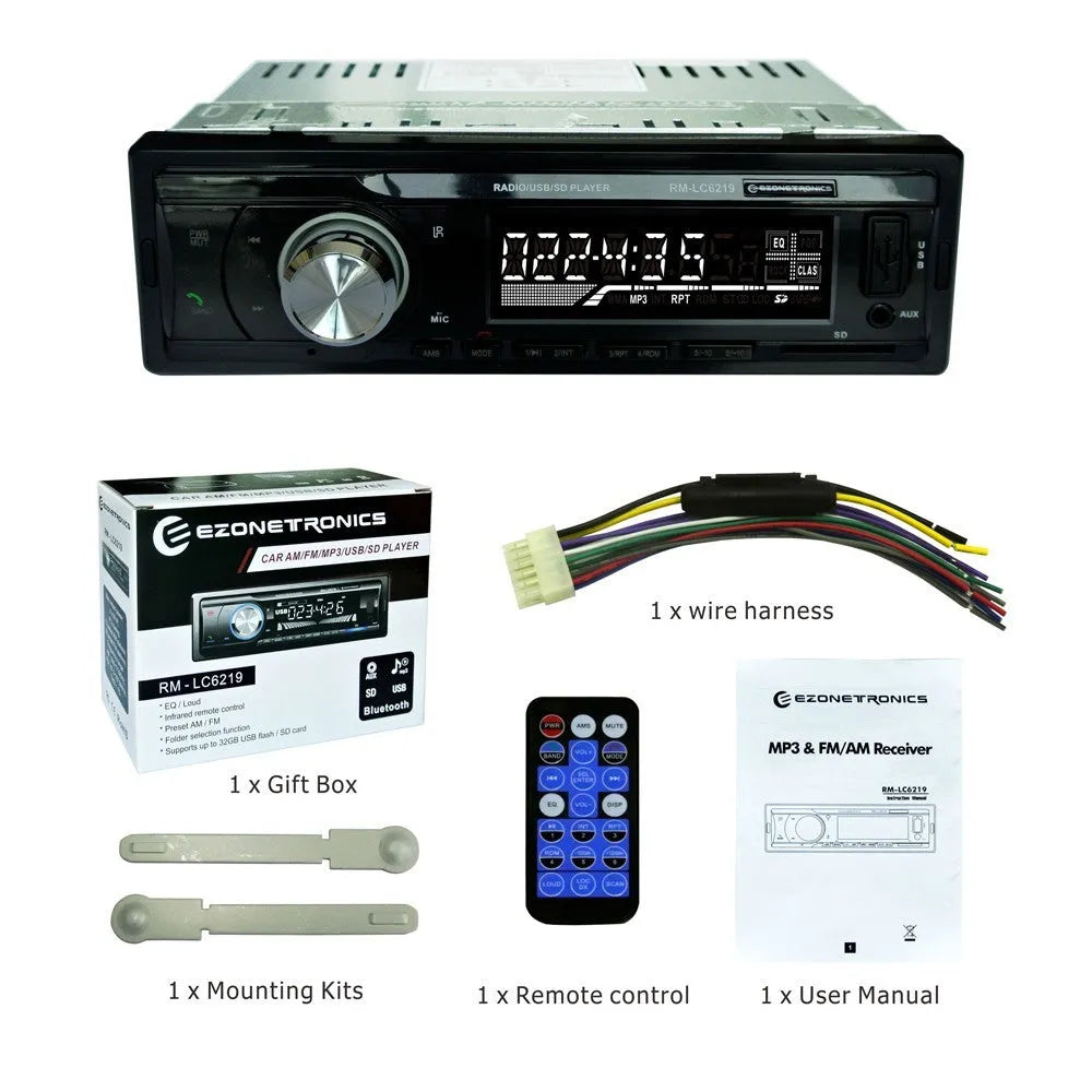EZONETRONICS car stereo receiver with Bluetooth, USB port, SD slot, and aux input on front panel