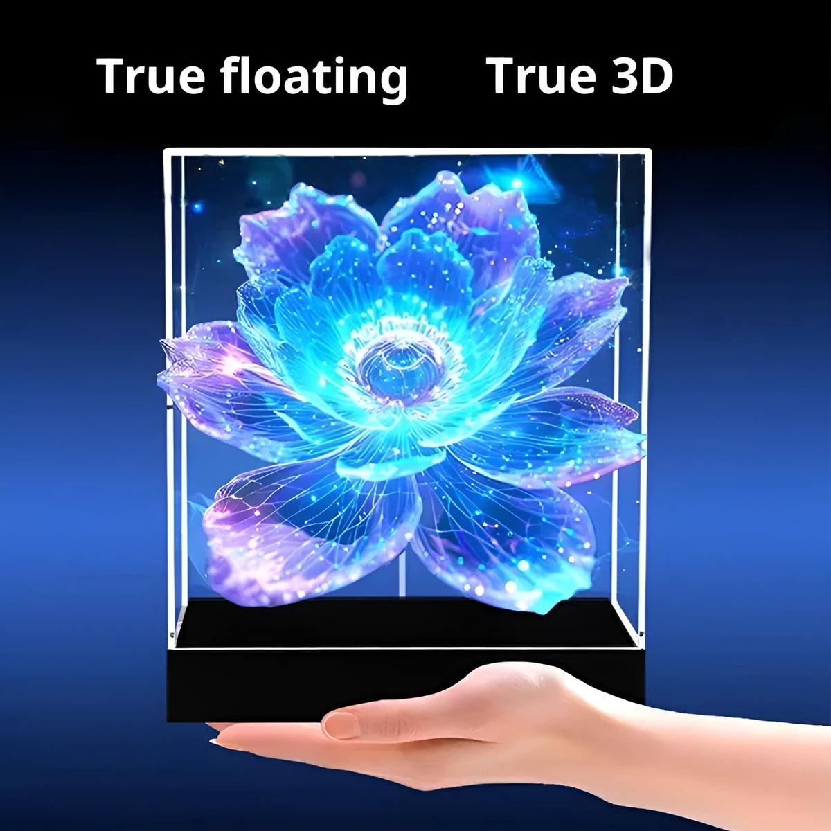 Holographic 3D fan screen displaying a floating holographic image on a desk with a remote control nearby