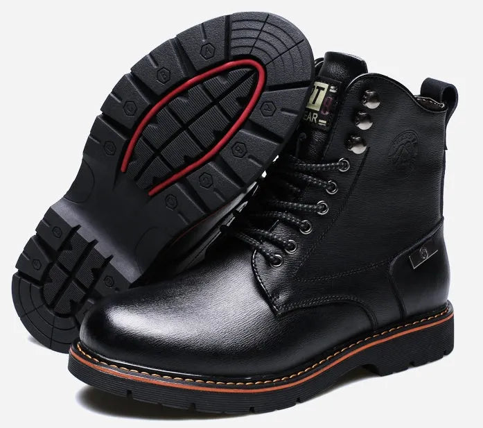 Men's black leather Martin boots with embossed cow split leather, mid-calf, front strap, thick heel, waterproof platform