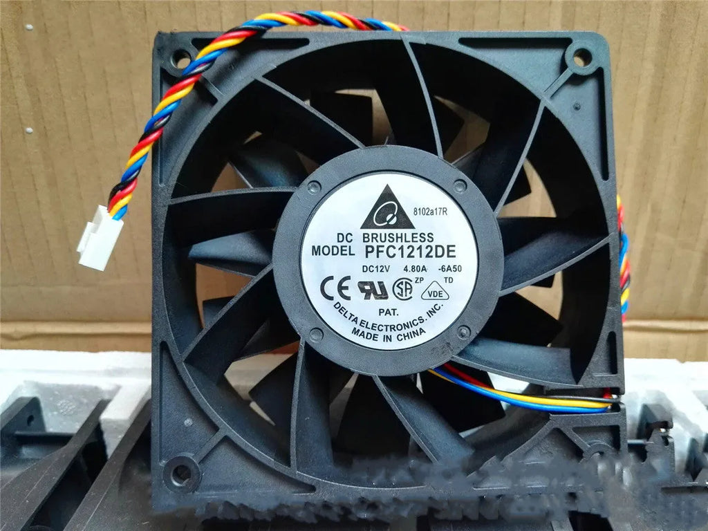Delta PFC1212DE 120mm 12V DC cooling fan with black PBT frame and 4-pin PWM cable